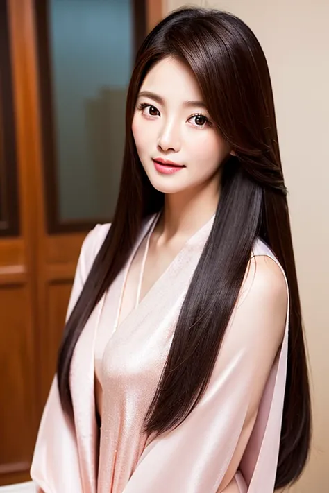 Realistic photos (one cute korean actress) Straight long hair, light makeup, Medium chest, Long dress, close, Canon EOS 8K high resolution captures facial features clearly, Sharp details, Realistically