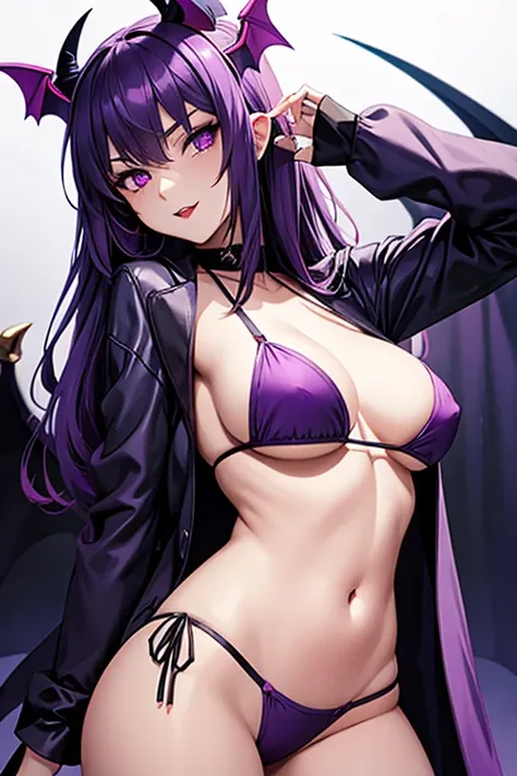 Female vampire, seductive, white and purple eyes, bikini