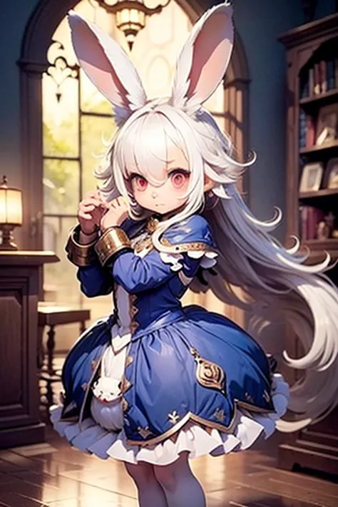 solo,1girl\((chibi:1.8),cute,kawaii,small kid,(white hair:1.7),(very long hair:1.7),bangs,(ear\(fluffy white bunny-ear\):1.4),(r...