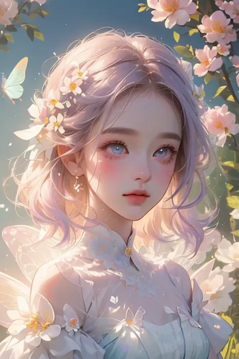 ultra-detailed,(highest quality, masterpiece), one girl, pause, particle, wind, flower, bust, pastel color scheme, looking at th...