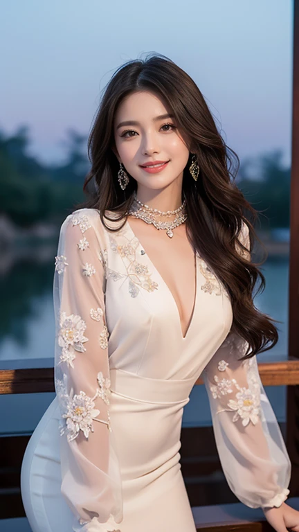  (highest quality)、8K、Perfect Face、Perfect Style、Sunburn、Long Layered Hair、beautiful、stylish charm、(In front view:1.5)、、In a lovely outfit、Dinner、whole body、High heels,smile、Night view、