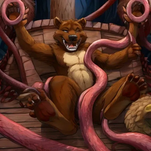 brown furry getting tickled by brown tentacle monster