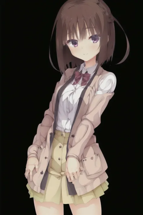 1girl,solo,dark_blown_hair,bob_hair,smile,light brown cardigan, baggy cardigan, white shirt, cute shirt, skirt, pleated skirt, b...