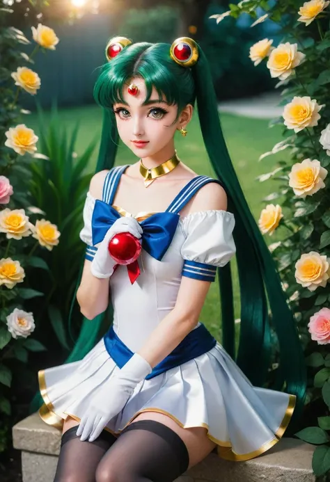 (Обои Extreme Detail CG Unity 8K, masterpiece, top quality), (exquisite lighting and shadow, highly dramatic picture, cinematic lens effect), (Sailor Moon: 1.4), Delicate facial features, charming smile, Starry eyes, ((Dark green hair)), tight top, White g...