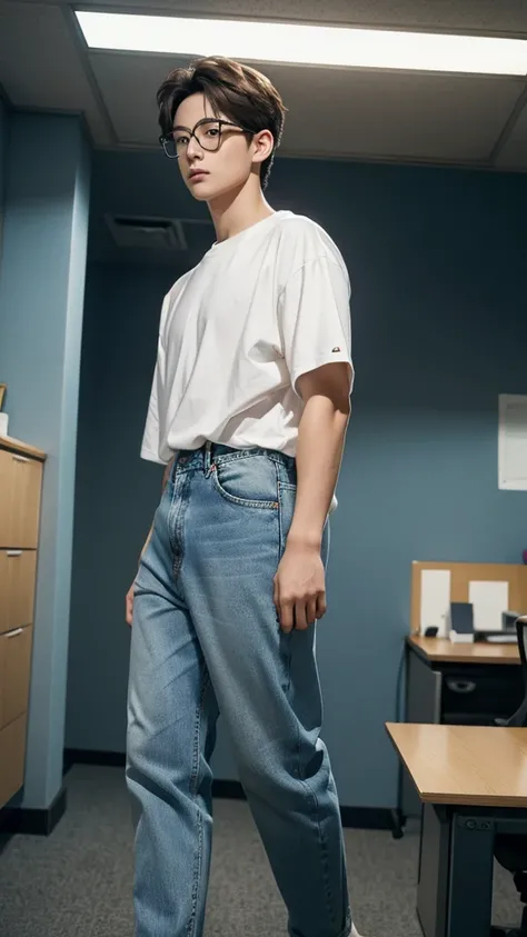 Jungkook, 27 years old, round face shape, short hair, eyeglass, wearing short shirt and blue jeans, he walking from the left to the right, angle his beside, glow, two split panel, left panel is background Messy office with nightmode, and the right panel is...