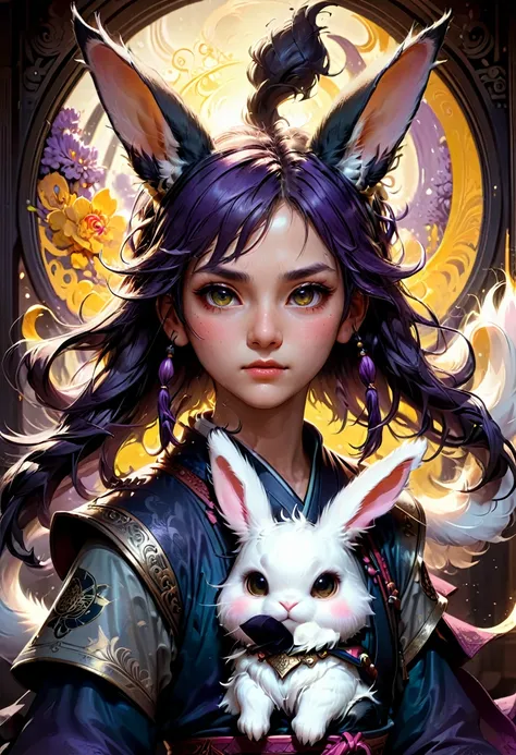 a cool boy with long fluffy rabbit ears, rabbit ears, badass samurai boy with rabbit ears intricate details, hdr, beautifully sh...