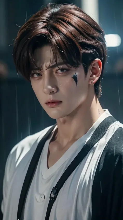 angry jungkook looking man with wounds andin rain