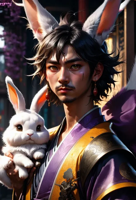 a cool boy with long fluffy rabbit ears, rabbit ears, Badass Samurai boy with rabbit ears intricate details, HDR, beautifully shot, hyperrealistic, sharp focus, megapixels, perfect composition, high contrast, cinematic, atmospheric, moody 8k resolution con...