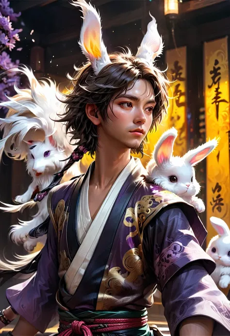 a cool boy with long fluffy rabbit ears, rabbit ears, badass samurai boy with rabbit ears intricate details, hdr, beautifully sh...