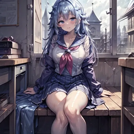 A young woman, 18 years old, with long purple hair, wearing a sailor uniform, sitting in a classroom (School 1.5 in the background) (Serious expression, Cold 1.5) (highest quality: 1.1) (masterpiece: 1.3) with an unparalleled masterpiece, Surreal 8K, Perfe...