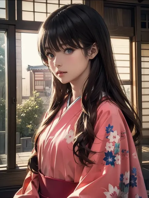 (highest quality、8k、32k、masterpiece)、(masterpiece,up to date,Exceptional:1.2), anime,One girl,Front hair,black_hair, Beautiful 8k eyes,Looking_in_Audience,One person in,Are standing,((Very beautiful woman, Fuller lips, Japanese pintern kimono))、((Colorful ...