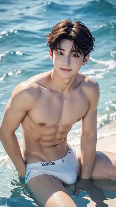 Jungkook sitting in the water，Shirtless，with fair skin，ssmile