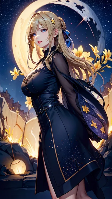 masterpiece, high quality, 4K, Beautiful design, silhouette，blonde， 非常に詳細な夜のStarry Sky,Flower Field， wonderful, Finer details,  Very knowledgeable woman, Highly detailed solo, 1 female,Big Breasts，dress，Night view，Starry Sky，full moon，