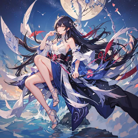 anime、Vibrant colors、Cool beauty、27 years old、Black Hair、Long Hair、Straight Hair、The bangs are cut above the eyebrows、Narrow eyes、Slanted Eyes、Bright eyes、Sharp Eyes、Sparkling eyes、Large Breasts、Night Sky、full moon、Looking up at the sky、Miko costume、summer...