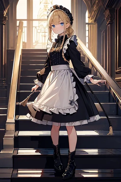 (8k, highest quality, Tabletop:1.2)、Ultra-high resolution、Cowboy Shot、14-year-old girl, Perfect Fingers, Detailed face, blue eyes, blonde, Braiding、Black maid outfit,  Western-style building、Entrance、(Staircase handrail mopping:1.2)