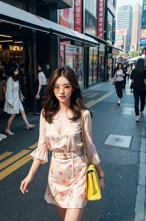 A beautiful city girl with delicate makeup, fashionable clothes, And high-end fashion sense, Long and straight hair, Carry a stylish handbag, Wear stylish sunglasses, Walk confidently on the bustling streets of Seoul [Urban, Modern, energetic]. Her flawles...