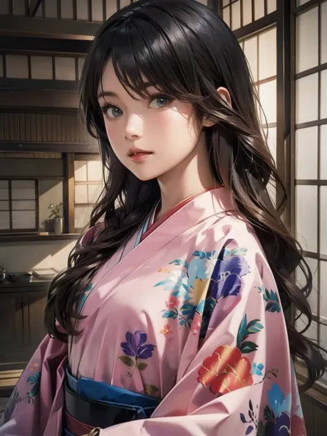 (highest quality、8k、32k、masterpiece)、(masterpiece,up to date,Exceptional:1.2), anime,One girl,Front hair,black_hair, Beautiful 8k eyes,Looking_in_Audience,One person in,Are standing,((Very beautiful woman, Fuller lips, Japanese pintern kimono))、((Colorful ...