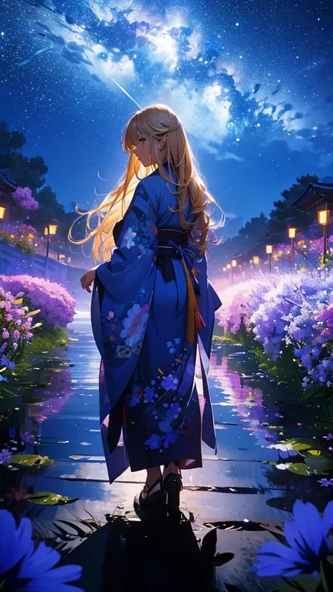 １people々々々,Blonde long-haired woman，Blue kimono， Dress Silhouette， Rear View，Space Sky, Flower Field，Colorful flowers，Fluttering petals，