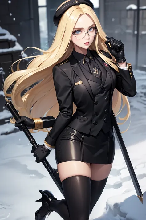 masterpiece, best quality, blonde hair, kolin, glasses, black shiny skirt suit, (((3-piece-suit))), tie, casual suits, suit, ves...