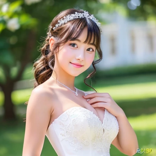 Middle school students　13 years old　girl　Cute face　Cute hairstyle　Wearing a wedding dress　Off the shoulder　Big Breasts　bride