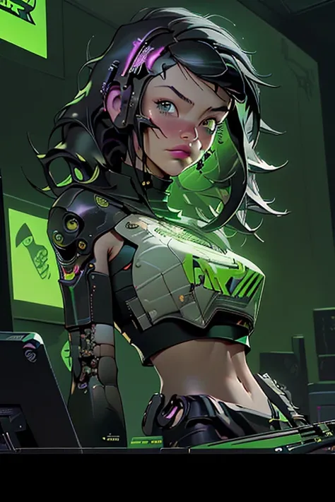 ((best quality)), ((masterpiece)), (very detailed:1.3), 3d, cute (cyberpunk:1.3) (sfw female hacker, thick hair, nsfw crop top, ...