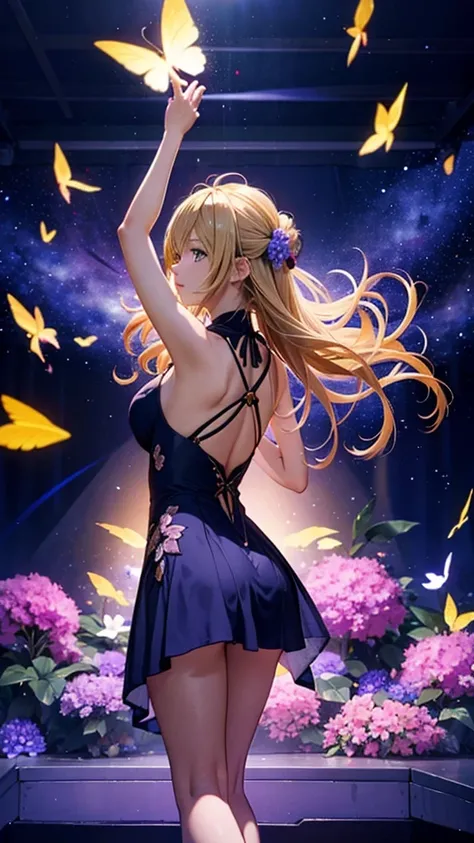 １people々々々々,Blonde long-haired woman，Dress Silhouette，Dancing silhouette，dance， Rear View，Space Sky, Flower Field，Colorful flowers，Fluttering petals，