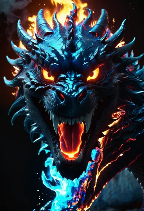 fire dragon_head, perfect detailed, red_blue_neon flames, fierce expression, wrath face,  fire breath, massive debris, neon light, UHD, hyper realism, unreal engine, epic Realism