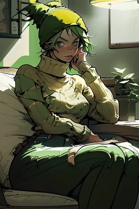 1girl(green hair, medium breasts, solo, coffee shop, green hair, beanie, sweater, jeans, sitting on chair, dynamic pose, indoors...