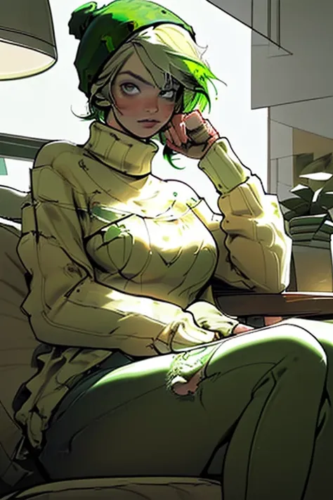 1girl(green hair, medium breasts, solo, coffee shop, green hair, beanie, sweater, jeans, sitting on chair, dynamic pose, indoors...