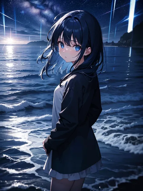 (Masterpiece, Best quality, ultra high resolution),1girl,dark blue hair,on the beach, night, fog, dark blue sky, starry sky,(grey and blue theme)