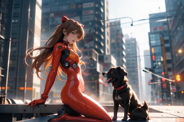 girl, machine dog, tank, cyber punk, double exposure, city settings, headset, overlooking, asuka langley soryu