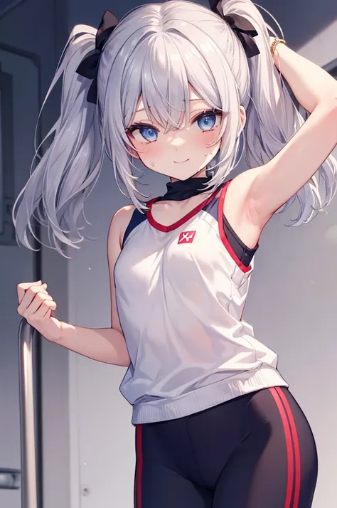 Silver Hair、blue eyes、girl、Small breasts、Twin tails、girl、Small breasts、Lolita、Bright smile、Looks about 15 years old、Petan Musume、He is short、Eye highlight、Sexy thighs、Wearing gym clothes、Sweating、Showing armpits、Your eyes are so beautiful、highlight