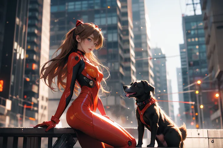 girl, machine dog, tank, cyber punk, double exposure, city settings, headset, overlooking, asuka langley soryu