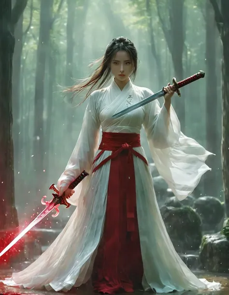 1 beautiful girl,  Axisymmetric combination is correct，Solitary，Female swordsman，Hold the sword hilt tightly in your hand，Each hand holds a sword hilt，Ruby sword，Jade seeds,  Blade glows，Front view, close up， ((best quality)), ((masterpiece)), ((Practical)...