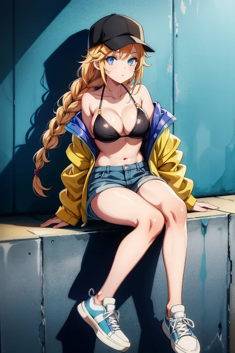 a female character in an animated cartoon standing on a ledge by a wall with graffiti covering the wall, 1girl, solo, breasts, shorts, hat, twin braids, jacket, orange jacket, braid, shoes, baseball cap, sitting, navel, cleavage, large breasts, sneakers, y...