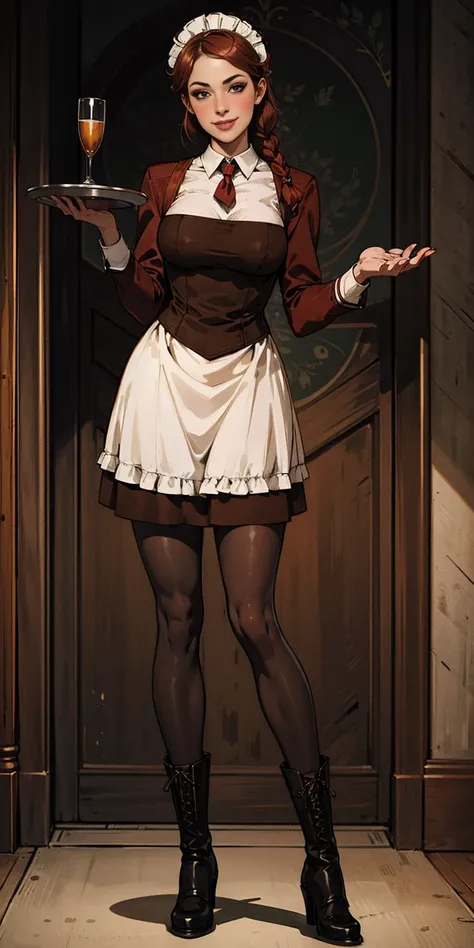 full body standing straight symmetrical, lustful smirking smile face red blush red cheeks, looking at viewer, holding tray, braid, maid headdress, maid, dress, apron, long sleeves, brown pantyhose, long leather militar boots, thighs, long white hair, maste...