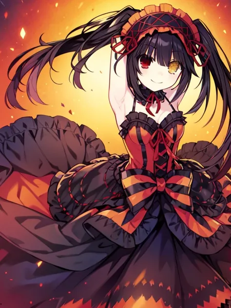 masterpiece, The best quality、street、Put your arms behind your back、Black Hair, Long twin tails bunches, (Yellow eyes:1.2), Heterochromia iridum, (Red Eyes:1.2),Tokisaki Kurumi、Smile,Gothic Lolita Clothing Accessories、victorian maid tiara、Black Ribbon、Shut...