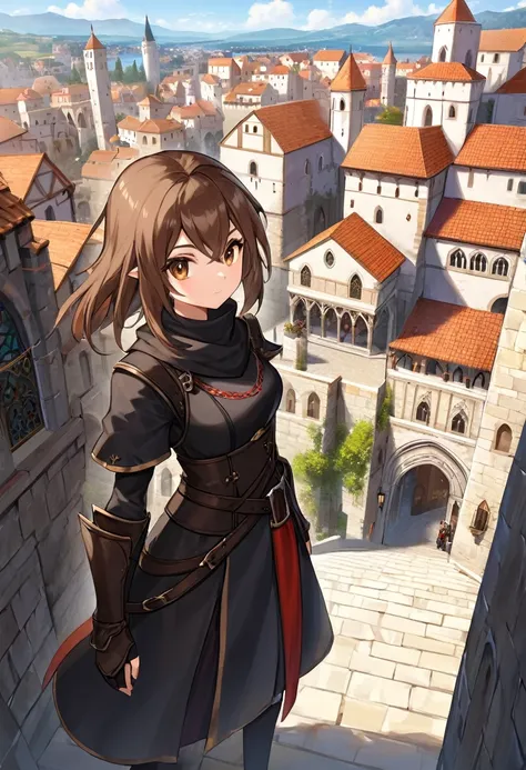 medieval fantasy setting, medieval city, female human race thief, Mediterranean features, brown hair wearing black armor