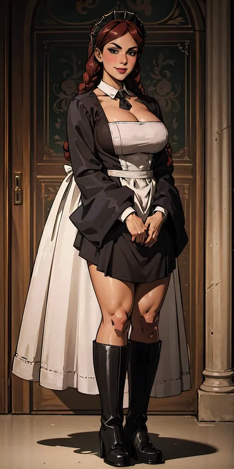 1solomilf full body standing straight symmetrical, lustful smirking smile face red blush red cheeks, looking at viewer, hands inside pockets, 2long braids, maid headdress, maid, black dress and white apron, maid dress, maid apron, long sleeves, white panty...