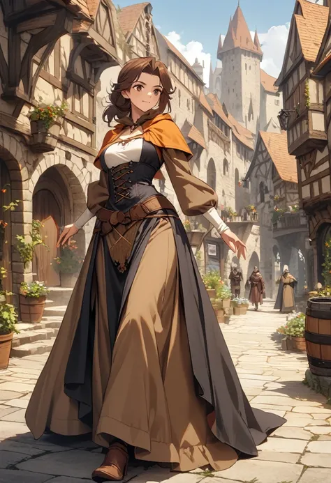 medieval fantasy setting, medieval city, female human race sorceress, Mediterranean features, long brown hair wearing sorceress dress