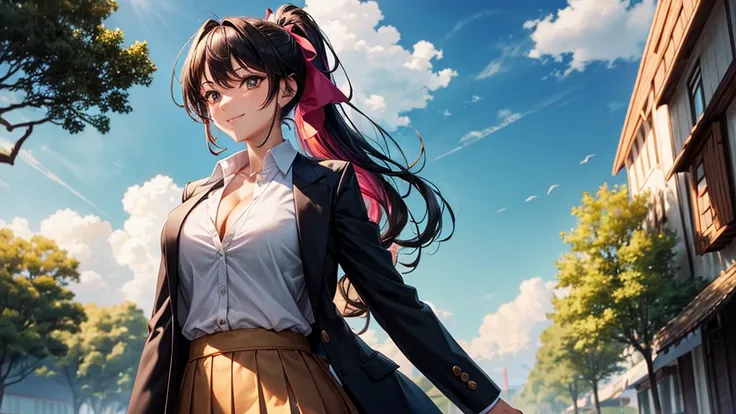 1girl, full body, solo, summer, village, trees, sun, clouds, ((colorful hair)), long hair, curly hair, ponytail, large breasts, ((black blazer)), button down shirt, ((white shirt)), ((short sleeved shirt)), ((unbuttoned shirt)), unbuttoning buttons, cleava...