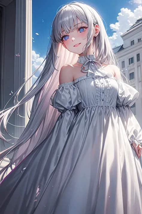 Masterpiece, Superb Piece, Daytime, Outdoor, Falling Flowers, White Dress, 1 Girl, Perfect Woman, Silver and White Long Haired Woman, Gray Blue Eyes, Pale Pink Lips, Cold, Serious, Bang, Purple Eyes, White Clothes, Black Clothing Lines, Delicate Face, Exqu...