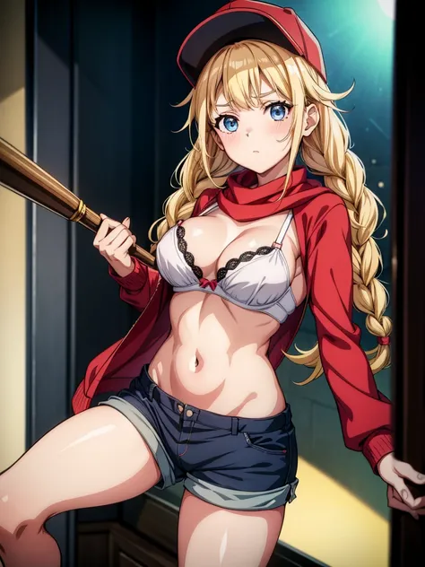 a woman with blonde hair, red shirt and shorts holds a baseball bat, 1girl, braid, long hair, shorts, solo, blonde hair, hat, breasts, blue eyes, red shorts, underwear, bra, black headwear, baseball cap, scarf, thigh strap, twin braids, looking at viewer, ...