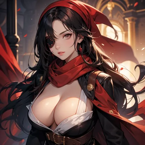 Black long hair, red scarf, brown clothes, pirate eyepatch, beautiful woman, woman with big breasts