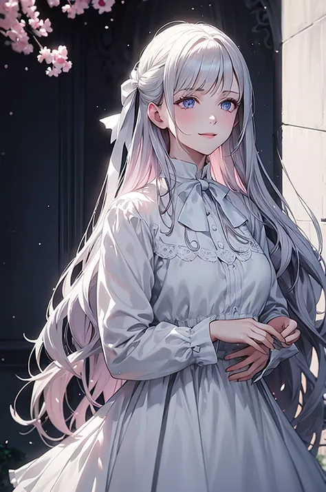 Masterpiece, Superb Piece, Daytime, Outdoor, Falling Flowers, White Dress, 1 Girl, Perfect Woman, Silver and White Long Haired Woman, Gray Blue Eyes, Pale Pink Lips, Cold, Serious, Bang, Purple Eyes, White Clothes, Black Clothing Lines, Delicate Face, Exqu...