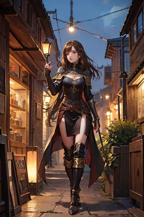 medieval fantasy setting, medieval city, female human race thief, Mediterranean features, brown hair wearing black armor