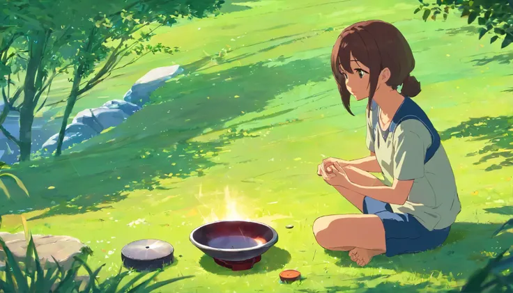 a girl sitting on the grass playing the handpan on a beautiful sunny day