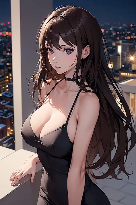 ((Best quality, 8k, Masterpiece :1.3)), Whole body, Sharp focus :1.2, A pretty woman with perfect figure :1.4, Slender abs :1.2, ((Dark brown hair, Big breasts :1.2)), Tank top dress :1.1, (Night city view, Modern balcony :1.1), Highly detailed face and sk...