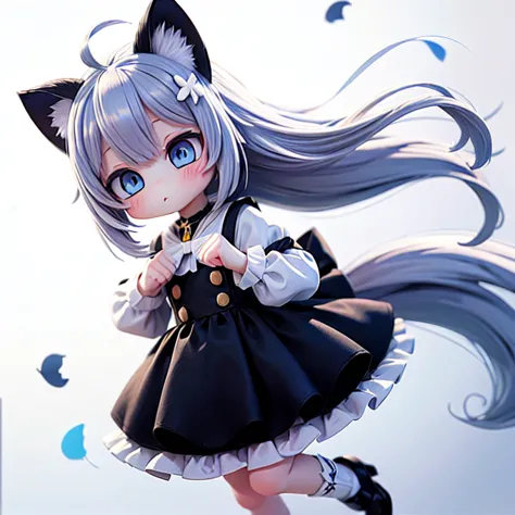 1girl, animal ears, tail, chibi, white hair, cat ears, solo, cat tail, long hair, hair ornament, cat girl, virtual youtuber, dre...