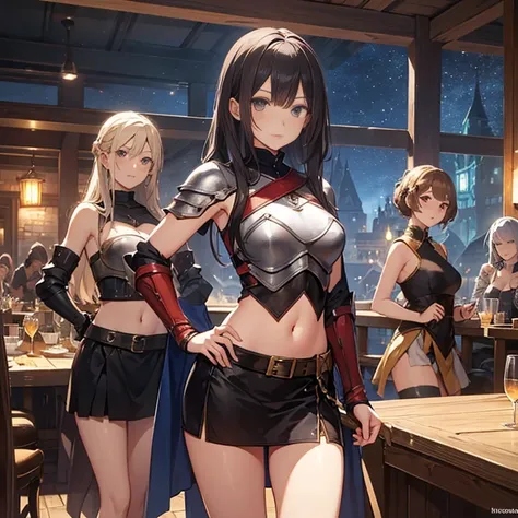 A group of  female medieval fantasy adventurers, (in tavern), various hair styles, harem, night, details face, short skirt, seducing, sleeveless, armor, midriff 